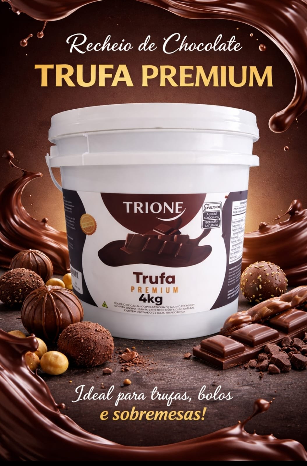 Recheio de chocolate Trufa Premium 4kg em balde, sabor delicioso com avelãs e cacau. Recheio de chocolate Trufa Premium 4kg em balde, sabor delicioso com avelãs e cacau.