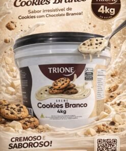 Creme Leitinho Trione 4kG em balde, sabor irresistível de cookies com chocolate branco.